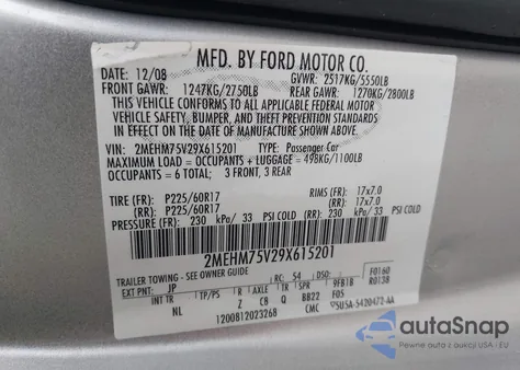 2009 Mercury Grand Marquis Ls (Fleet Only) z USA, uszkodzony, nr VIN 2MEHM75V29X615201